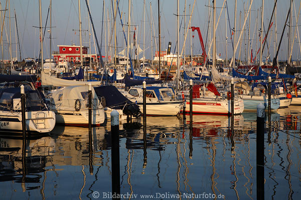 Jachthafen Segelboote Landschaft Bootsmaste in Wasser Abendsonne Spiegelung