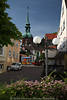 1401237_Kappeln Altstadt Bilder Huser Gasse mit Blumen Laterne Caf Marktkirche Blick